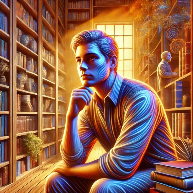O TDAH e as Altas Habilidades: Desvendando a Complexa Relação Entre Mente Brilhante e os Desafios da Atenção 2 DALL·E 2025 01 25 15.05.01 A realistic illustration of a person with ADHD in a reflective pose seated in a vibrant and stimulating environment such as a library or museum. The