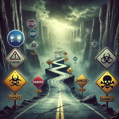 Uma ilustração ou fotografia que mostre um caminho sinuoso e perigoso, com placas de alerta e sinais de perigo, representando os riscos associados ao uso indevido de estimulantes e a importância de um tratamento adequado e acompanhado