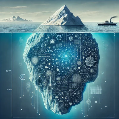 Uma ilustração que mostre um iceberg, com apenas a ponta visível acima da água e a maior parte submersa, representando os mecanismos complexos e multifatoriais que podem estar por trás da relação entre TDAH, tratamento e uso indevido de substâncias. A imagem deve transmitir a ideia de que o problema é mais profundo do que aparenta.