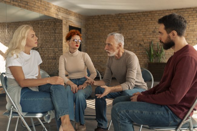TDAH - Por Que é Tão Difícil de Diagnosticar em idosos? 3 Uma imagem de um grupo de pessoas conversando e se apoiando em um ambiente acolhedor, representando a importância do suporte social e do tratamento