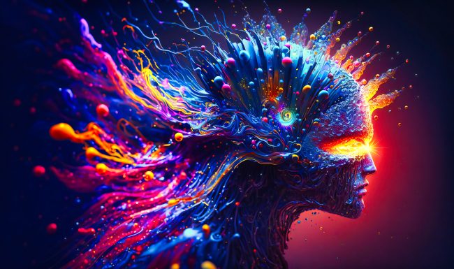 Esta imagem tem uma cabeça saindo coisas que parece tinta e representa a mente repleta de ideias, com símbolos, setas, conexões e cores vibrantes, transmitindo a ideia de um pensamento em constante movimento.