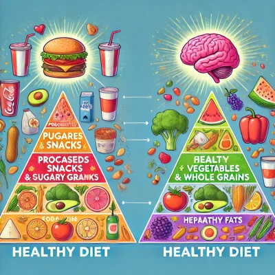 DALL·E 2025 02 02 17.18.59 An infographic with two side by side food pyramids. The left pyramid represents an unhealthy diet with processed foods sugary snacks and greasy fast