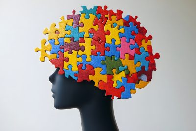 colorful puzzle pieces forming brain shape