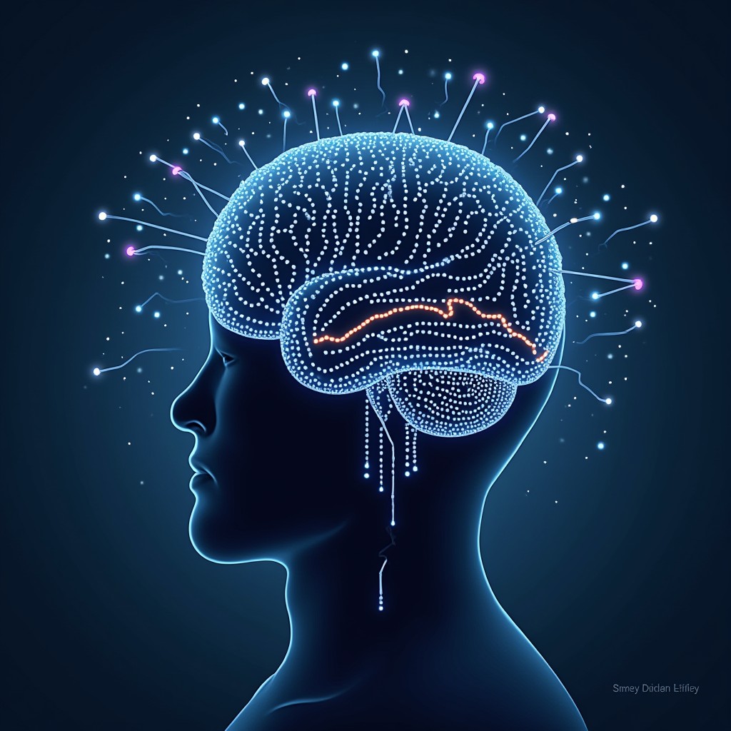 Uma ilustração de um cérebro com ondas cerebrais (EEG) sendo analisadas por um computador, representando a ideia de usar a tecnologia para "ler" o cérebro e identificar sinais de TDAH.