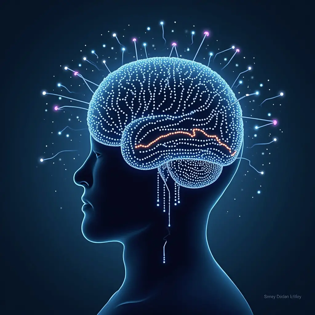 Diagnóstico do TDAH na Era Digital: Precisão, Rapidez e Personalização 1 Uma ilustração de um cérebro com ondas cerebrais (EEG) sendo analisadas por um computador, representando a ideia de usar a tecnologia para "ler" o cérebro e identificar sinais de TDAH.