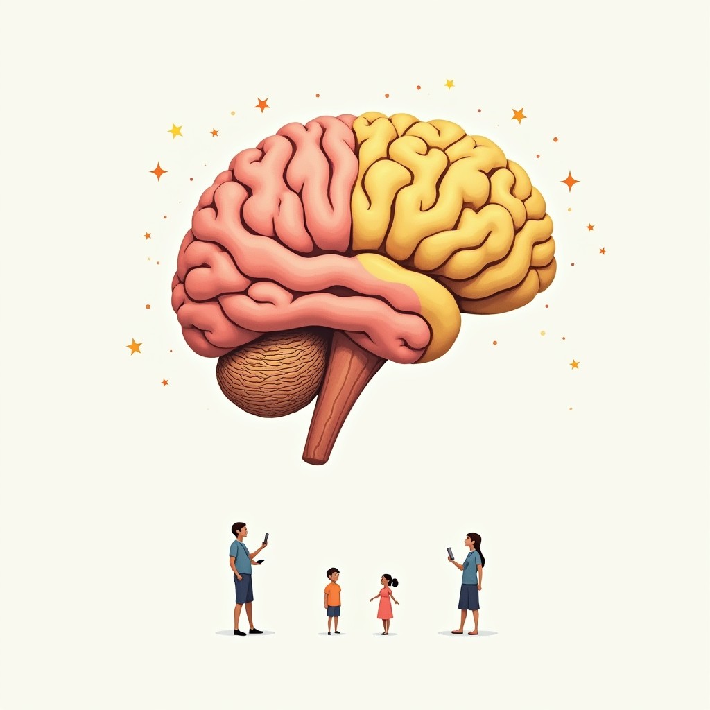 Uma ilustração que mostre um cérebro com as áreas relacionadas à atenção, impulsividade e hiperatividade destacadas. Ao lado, duas figuras menores: uma representando o cérebro sob efeito de estimulantes (com mais áreas ativadas) e outra sob efeito da atomoxetina (com ativação mais seletiva).