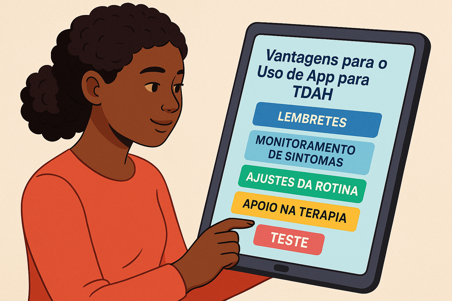 Um App Para Ajudar na Terapia do TDAH? Conheça o Teste das Cores e Emoções! 1 Tela de aplicativo em tablet exibindo teste tipo Stroop com palavras coloridas, representando tecnologia terapêutica para TDAH.