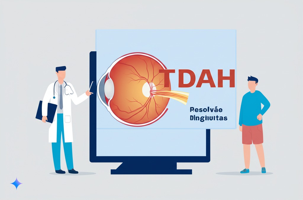 Olhos que Falam: A Retina Pode Revelar Segredos do TDAH? 4 Sugestão: Uma ilustração que mostre uma criança com TDAH olhando para uma tela com a imagem da sua retina, e um médico explicando os resultados. A imagem deve transmitir a ideia de que a análise da retina pode ser uma ferramenta útil para o diagnóstico e o tratamento do TDAH.