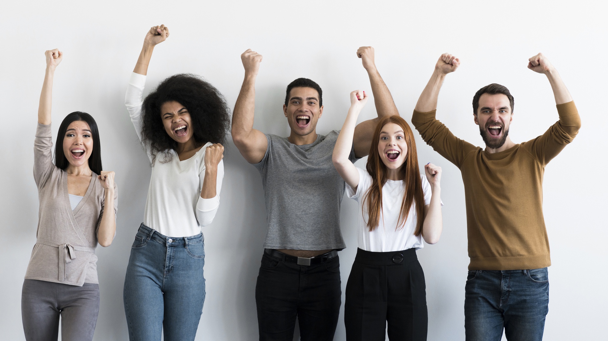 community adult people cheering together