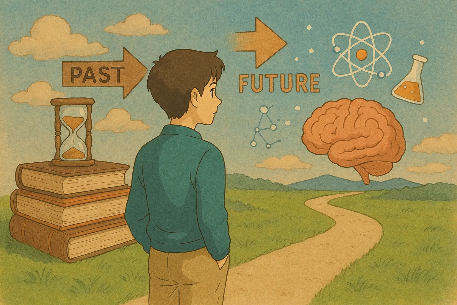 Linha do tempo abstrata com ícones representando avanços na pesquisa sobre TDAH ao longo de 20 anos.