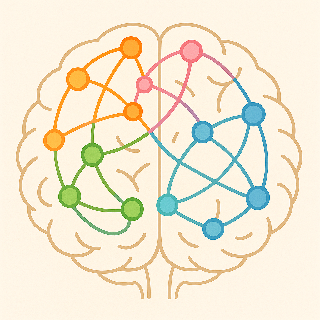 Ilustração de cérebro humano mostrando redes neurais interconectadas e complexas, representando a visão atual sobre TDAH.