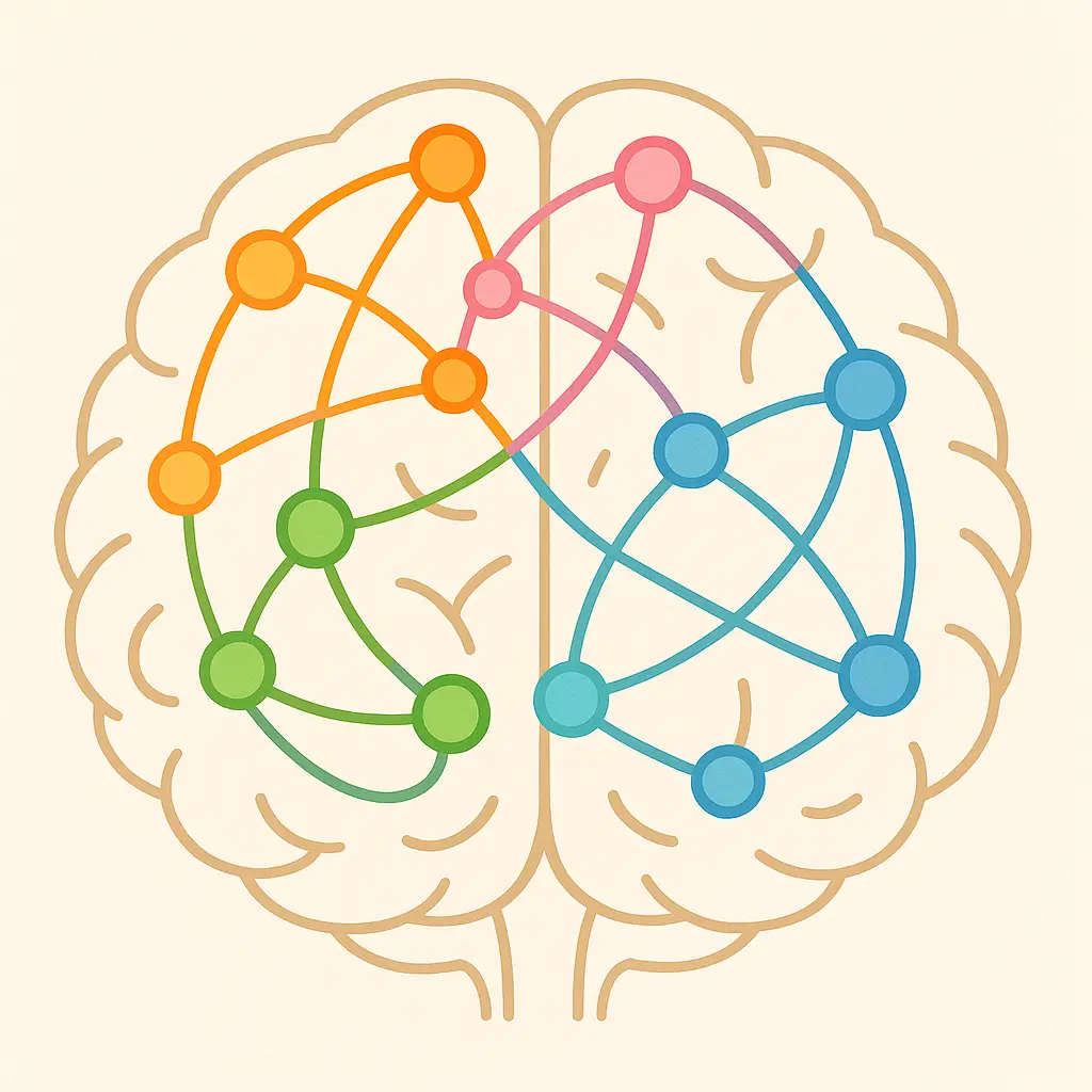 Ilustração de cérebro humano mostrando redes neurais interconectadas e complexas, representando a visão atual sobre TDAH.