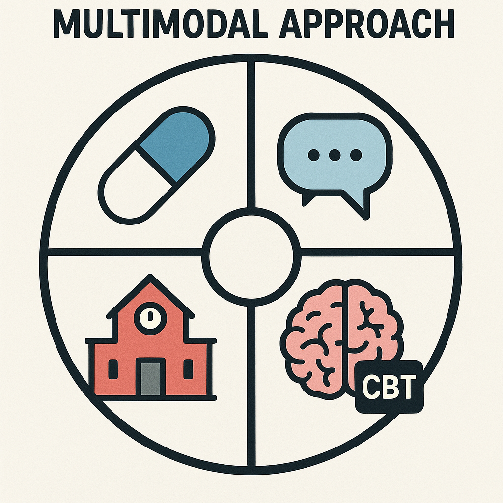 Treinamento Cognitivo Computadorizado no TDAH Funciona? 3 Ícones representando os tratamentos de primeira linha (medicação, terapia, suporte parental/escolar) de forma mais proeminente.