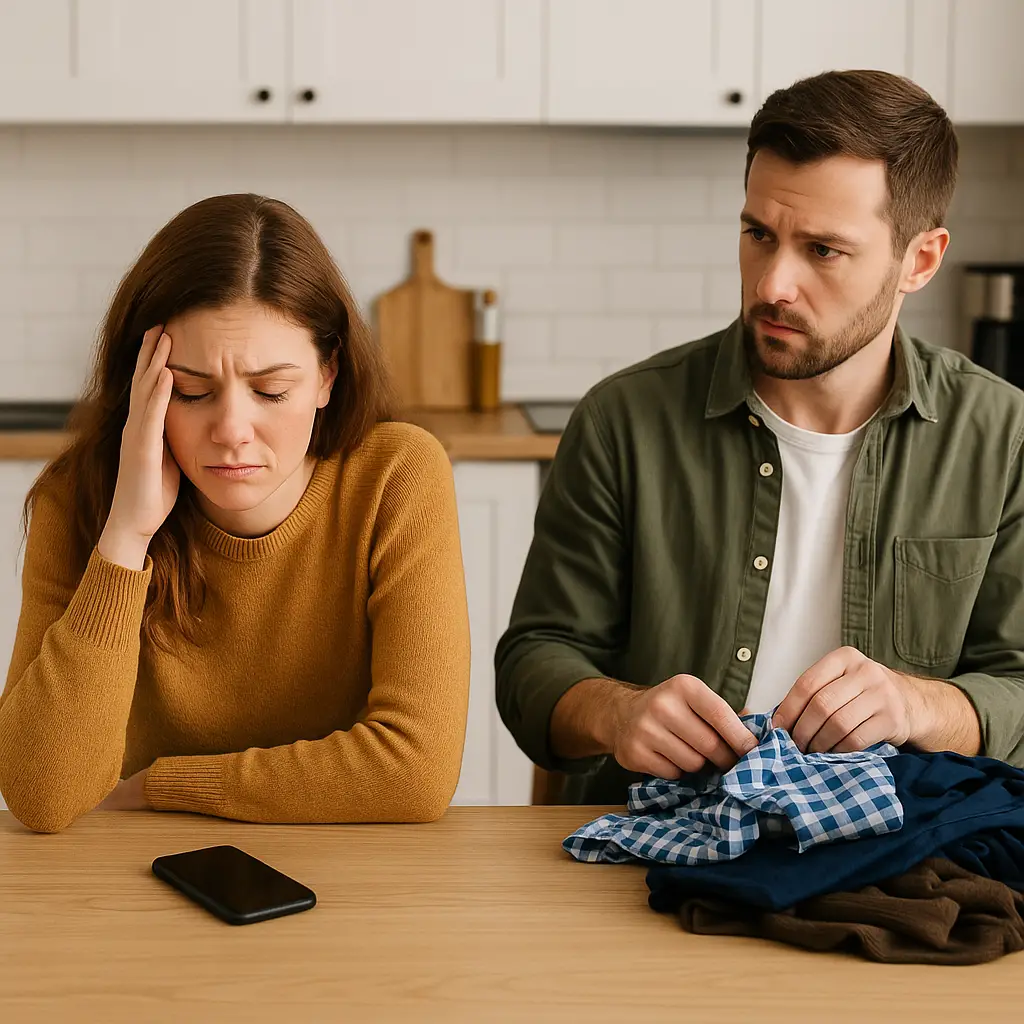 Casal jovem sentado à mesa de uma cozinha clara e minimalista; a mulher, com suéter mostarda, olhos fechados e expressão de cansaço, apoia a cabeça na mão, enquanto o homem, de camisa verde-oliva, dobra uma camisa xadrez azul com semblante preocupado.