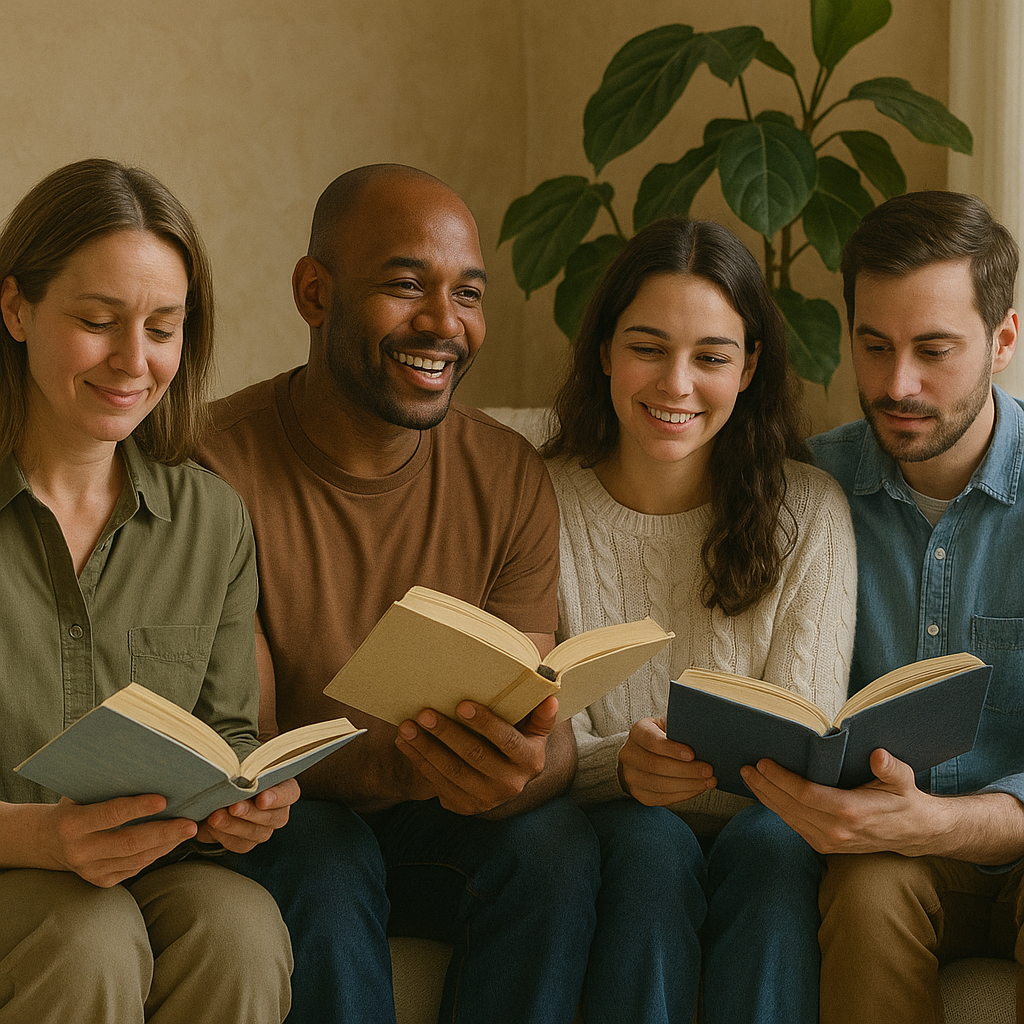 Quatro pessoas sentadas em um sofá, sorrindo e lendo livros em um ambiente acolhedor com planta ao fundo.